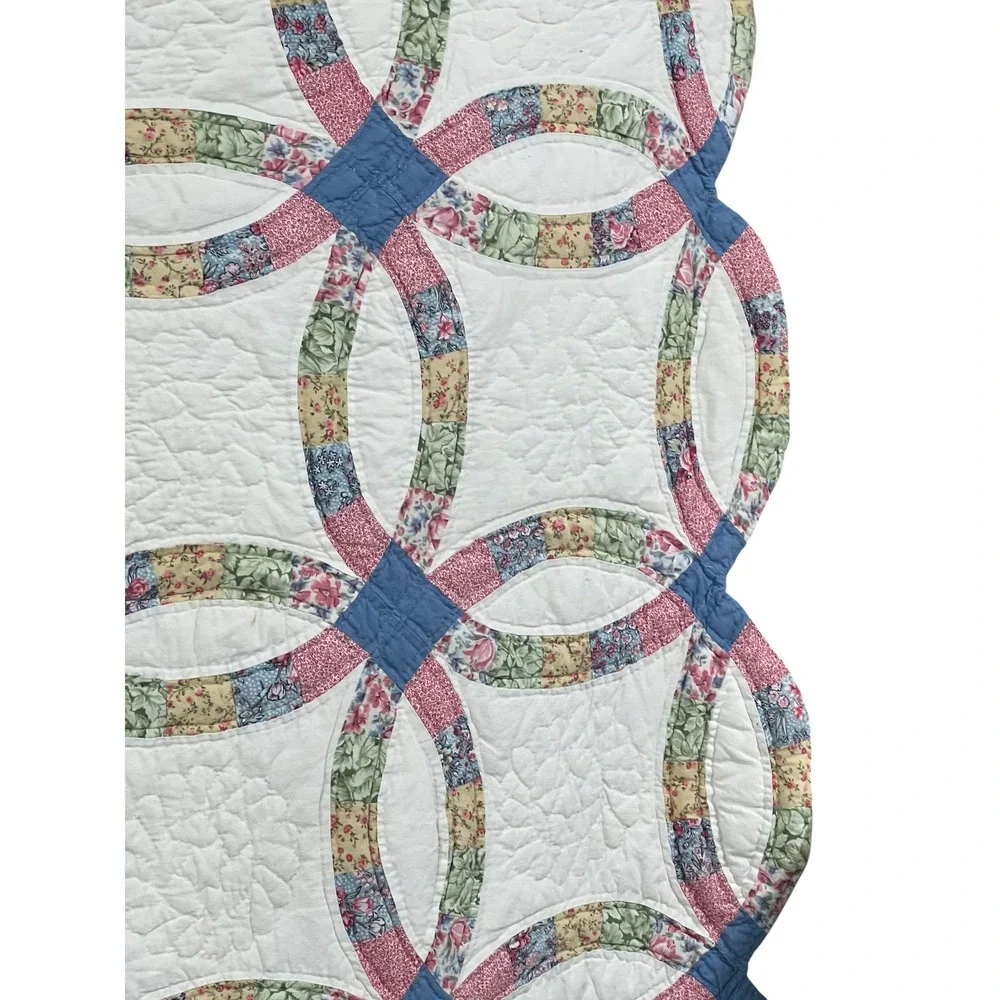 Vintage Double Wedding Ring Quilt 86x86 Cottagecore Full Queen